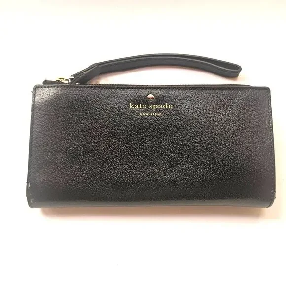 Kate Spade Wristlet, Black Leather, Layton Wallet, Beige Interior - Picture 1 of 5